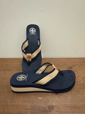 Tory Burch Navy & Beige Platform Flip Flops Womens Size 8